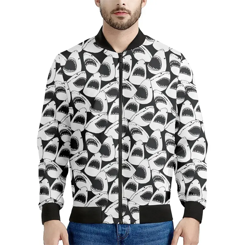 Mens Designer Clothes Shark 3D Print Jacket for Men Women Bomber Jackets Fashion Street Hip Hop Stand Collar Zip Coat Oversized