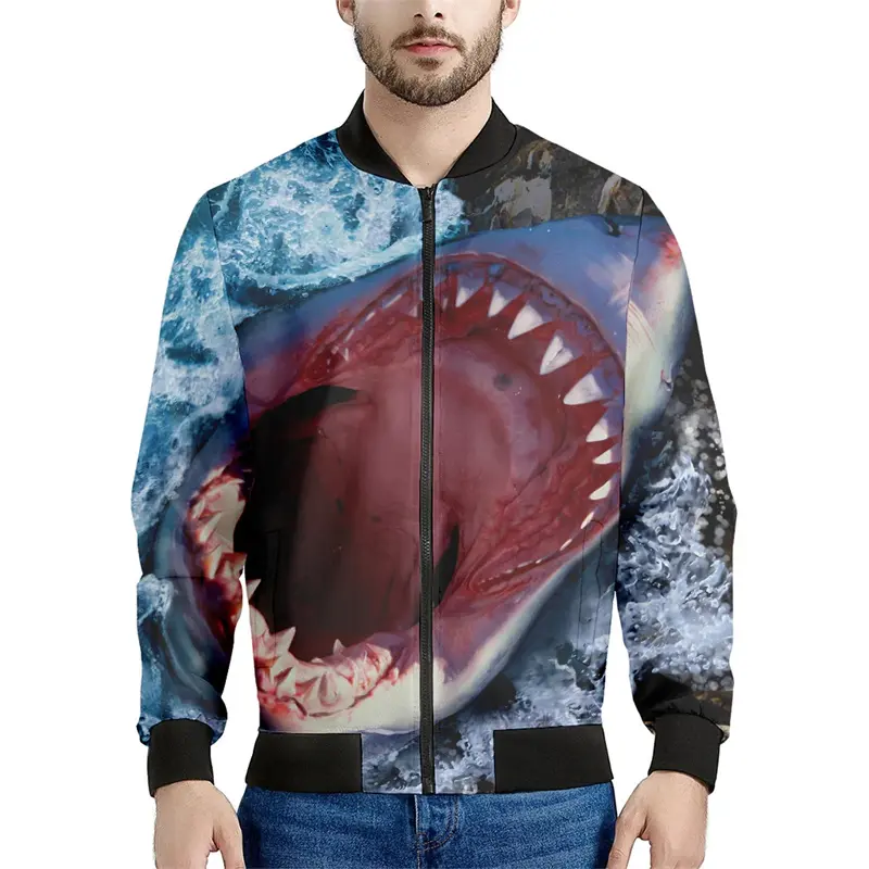 Mens Designer Clothes Shark 3D Print Jacket for Men Women Bomber Jackets Fashion Street Hip Hop Stand Collar Zip Coat Oversized