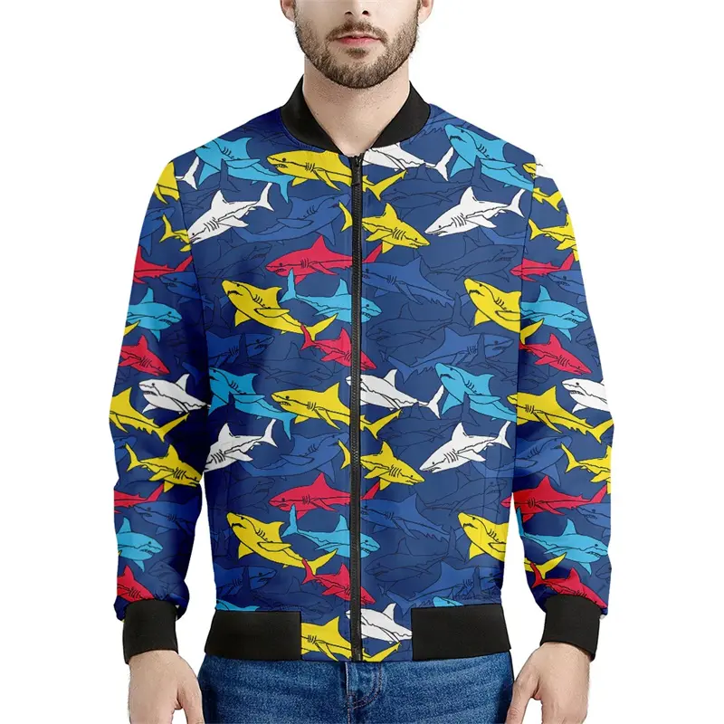 Mens Designer Clothes Shark 3D Print Jacket for Men Women Bomber Jackets Fashion Street Hip Hop Stand Collar Zip Coat Oversized