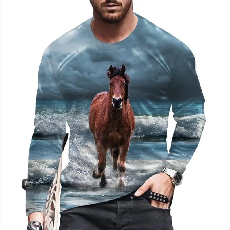 Fashion Horse 3D Animal Print Autumn Men's Round Neck T-shirt Long Sleeve T-Shirt Oversized Pullover Casual Trend Men Clothing