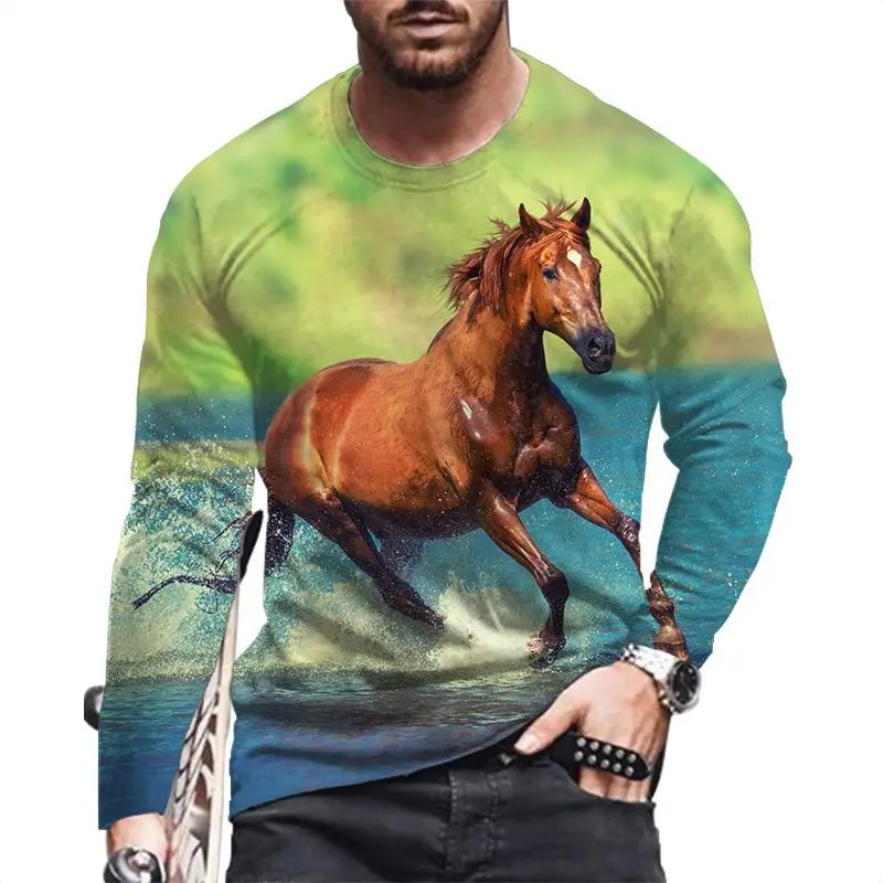Fashion Horse 3D Animal Print Autumn Men's Round Neck T-shirt Long Sleeve T-Shirt Oversized Pullover Casual Trend Men Clothing