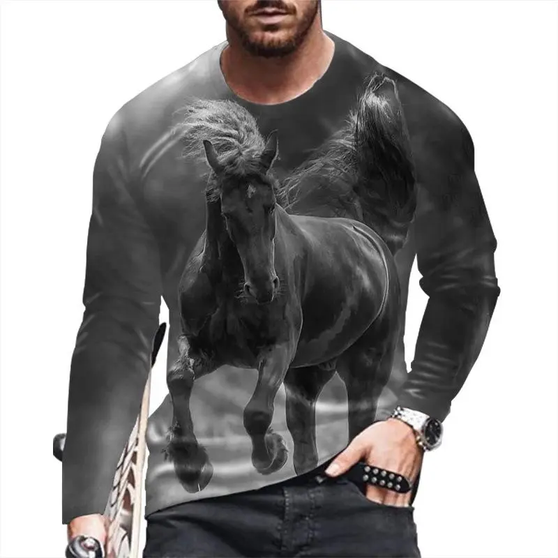 Fashion Horse 3D Animal Print Autumn Men's Round Neck T-shirt Long Sleeve T-Shirt Oversized Pullover Casual Trend Men Clothing