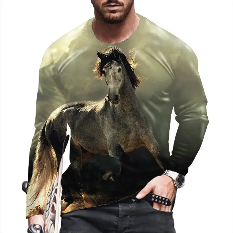 Fashion Horse 3D Animal Print Autumn Men's Round Neck T-shirt Long Sleeve T-Shirt Oversized Pullover Casual Trend Men Clothing