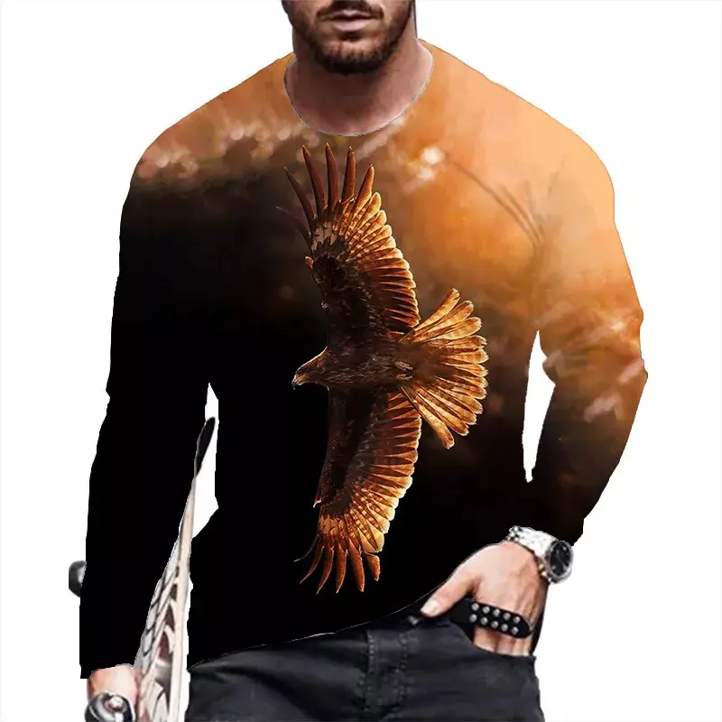 Men's Fashion Eagle T-Shirts Loose Casual O-Neck Long Sleeve Tops 3D Vitage Animal Printing Street T Shirt Breathable Tee Shirt