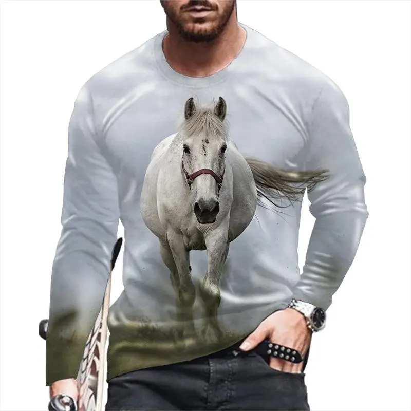 Fashion Horse 3D Animal Print Autumn Men's Round Neck T-shirt Long Sleeve T-Shirt Oversized Pullover Casual Trend Men Clothing