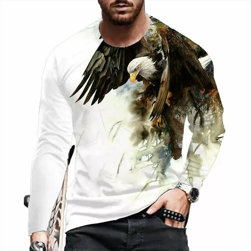 Men's Fashion Eagle T-Shirts Loose Casual O-Neck Long Sleeve Tops 3D Vitage Animal Printing Street T Shirt Breathable Tee Shirt