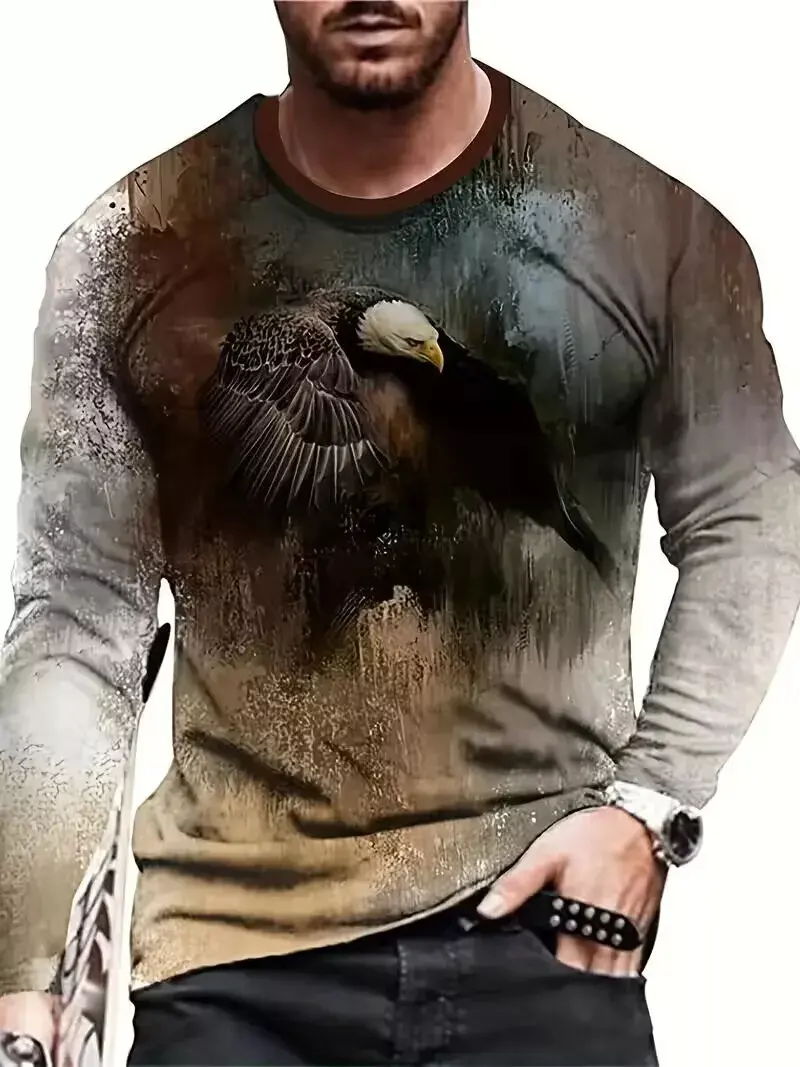 Men's Fashion Eagle T-Shirts Loose Casual O-Neck Long Sleeve Tops 3D Vitage Animal Printing Street T Shirt Breathable Tee Shirt