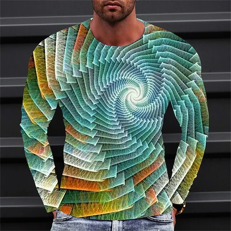 Mens Clothing 3D Print Vortex  Graphic Long Sleeve Fashion Hip Pop Streer Wear Autumn Men's T-shirt Man Clothing Colorful Tops