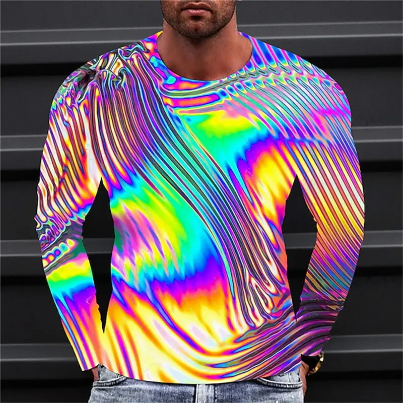 Mens Clothing 3D Print Vortex  Graphic Long Sleeve Fashion Hip Pop Streer Wear Autumn Men's T-shirt Man Clothing Colorful Tops