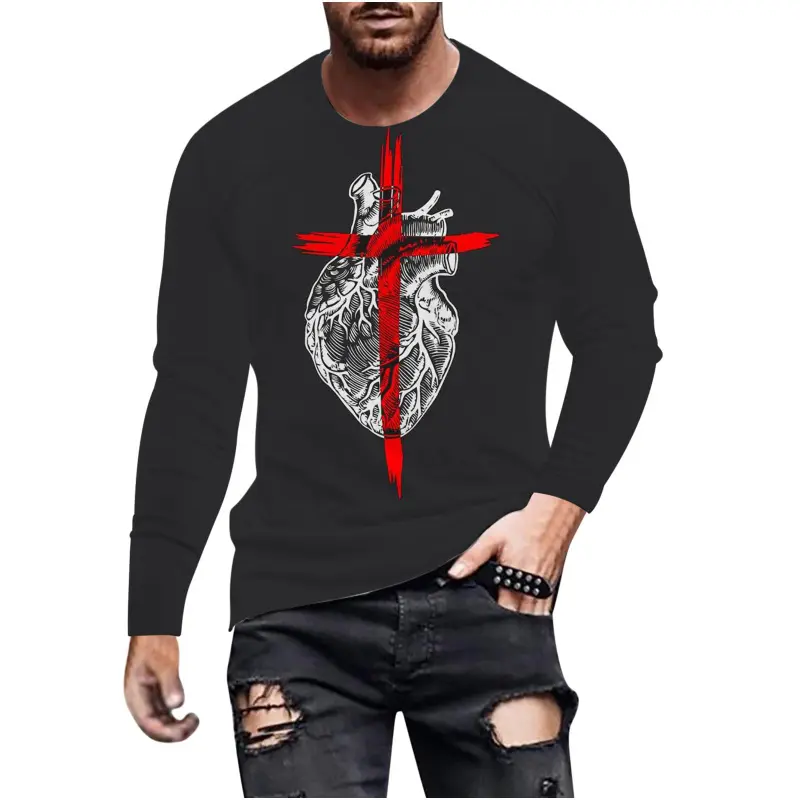 New Fashion Retro Long Sleeve T-Shirt For Men's Clothing Cross 3d Printed T-shirt Round Neck Tops Oversized Loose Y2k Clothes