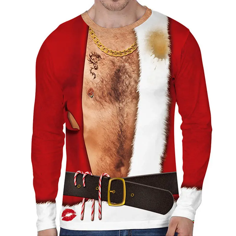Christmas 3D Print Fake Muscle Suit Graphic T-shirts Men Funny Ugly Long Sleeve Tshirt Women Novelty Casual Oversized Tee Shirts