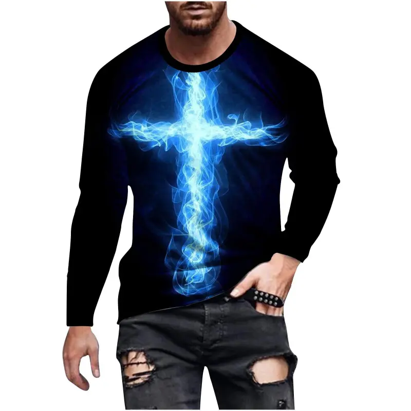 New Fashion Retro Long Sleeve T-Shirt For Men's Clothing Cross 3d Printed T-shirt Round Neck Tops Oversized Loose Y2k Clothes