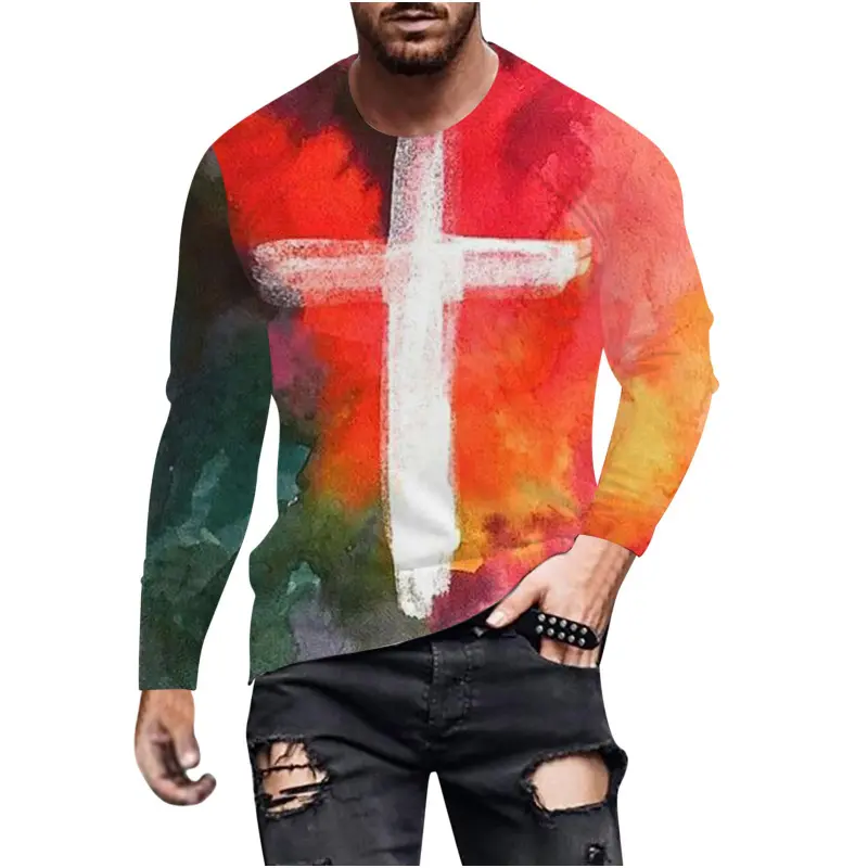 New Fashion Retro Long Sleeve T-Shirt For Men's Clothing Cross 3d Printed T-shirt Round Neck Tops Oversized Loose Y2k Clothes