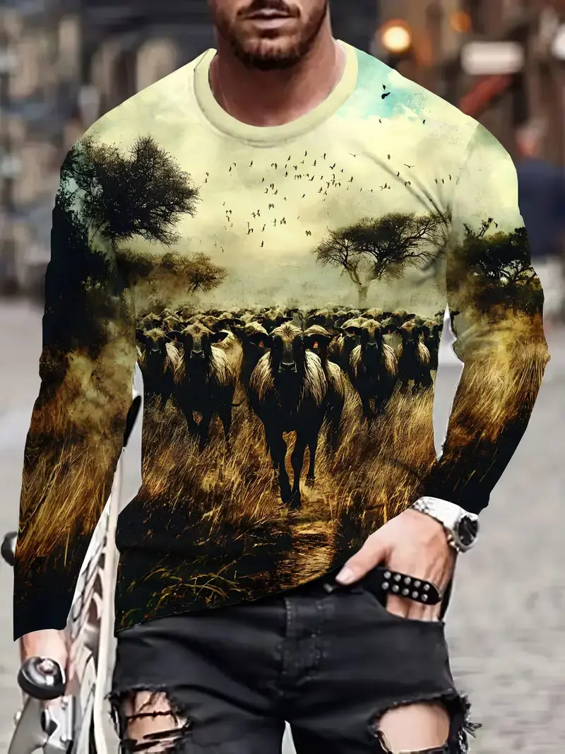3d Printing Animal Horse Men's Long Sleeve T-Shirt Fashion Street Trend O Collar Loose Spring Autumn Clothing Casual Quality Top