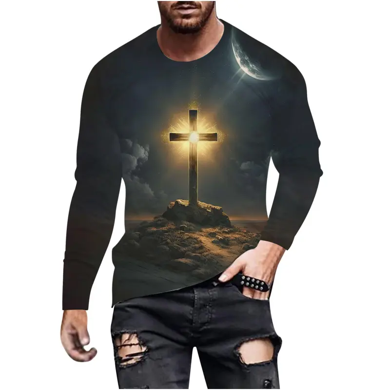 New Fashion Retro Long Sleeve T-Shirt For Men's Clothing Cross 3d Printed T-shirt Round Neck Tops Oversized Loose Y2k Clothes