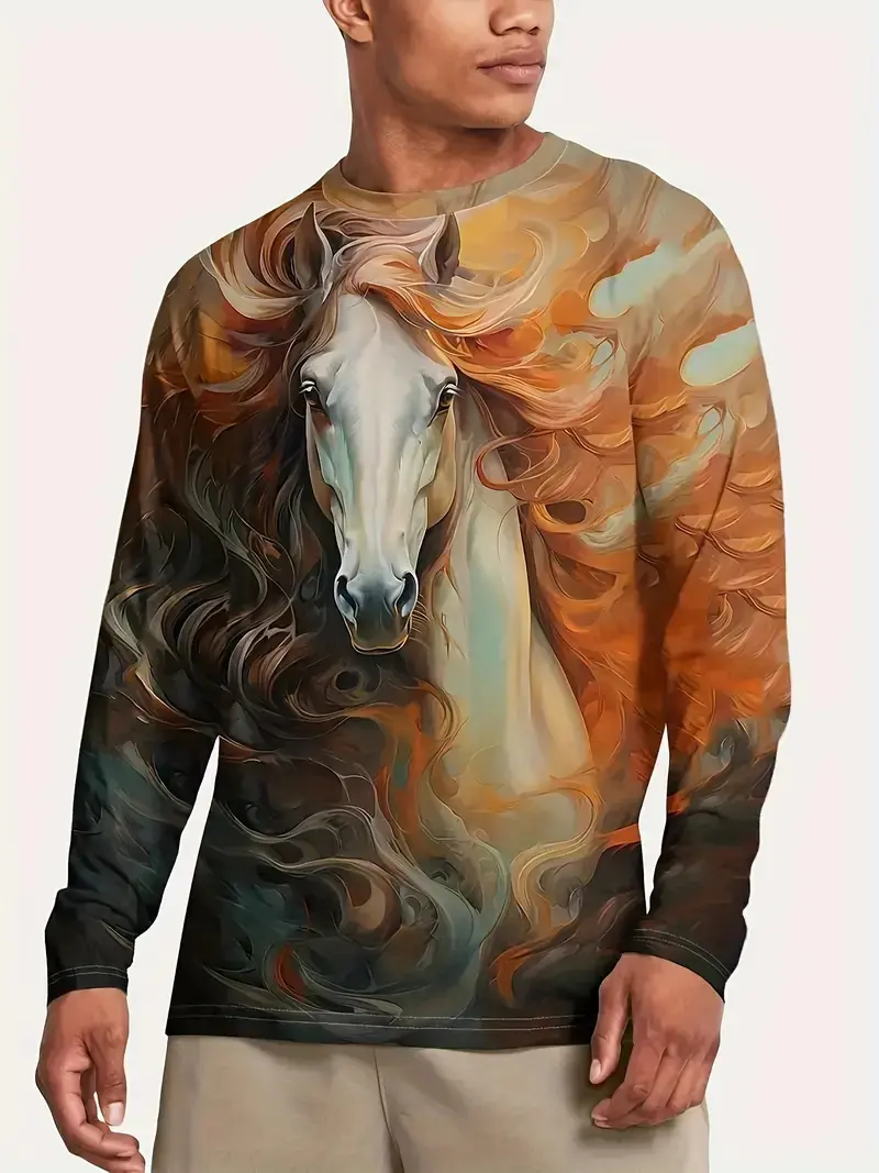 3d Printing Animal Horse Men's Long Sleeve T-Shirt Fashion Street Trend O Collar Loose Spring Autumn Clothing Casual Quality Top