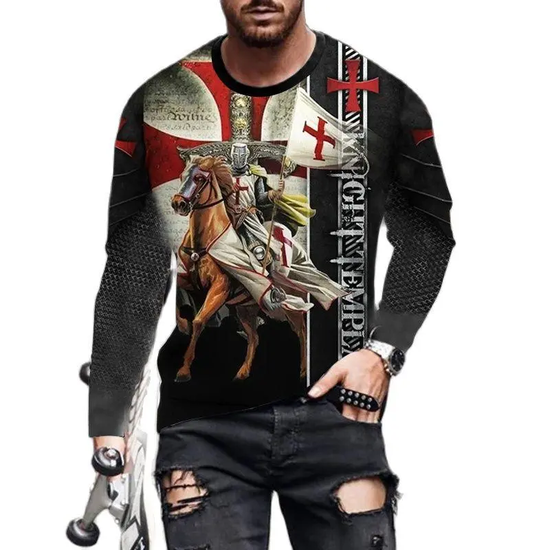 Knights Templar 3D Print T-shirt Men Vintage Long Sleeve T-Shirts Jesus Top Tee Streetwear Autumn Crewneck Oversized Men Clothes