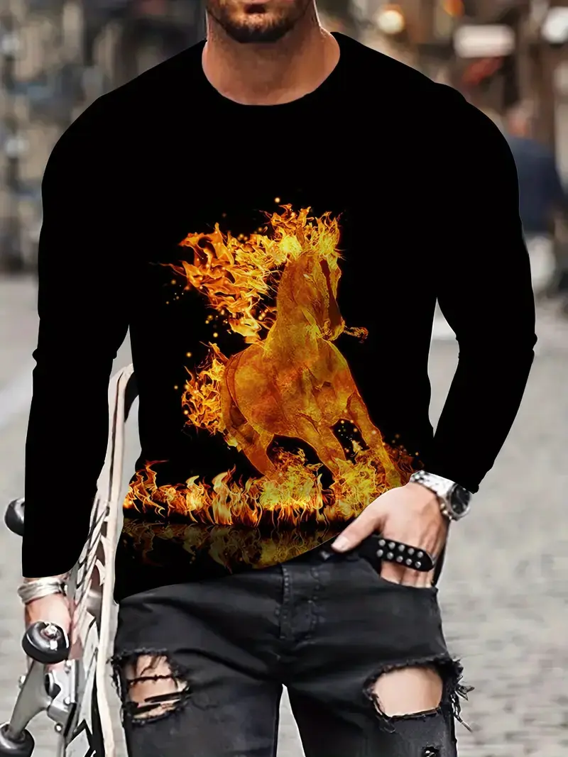 3d Printing Animal Horse Men's Long Sleeve T-Shirt Fashion Street Trend O Collar Loose Spring Autumn Clothing Casual Quality Top