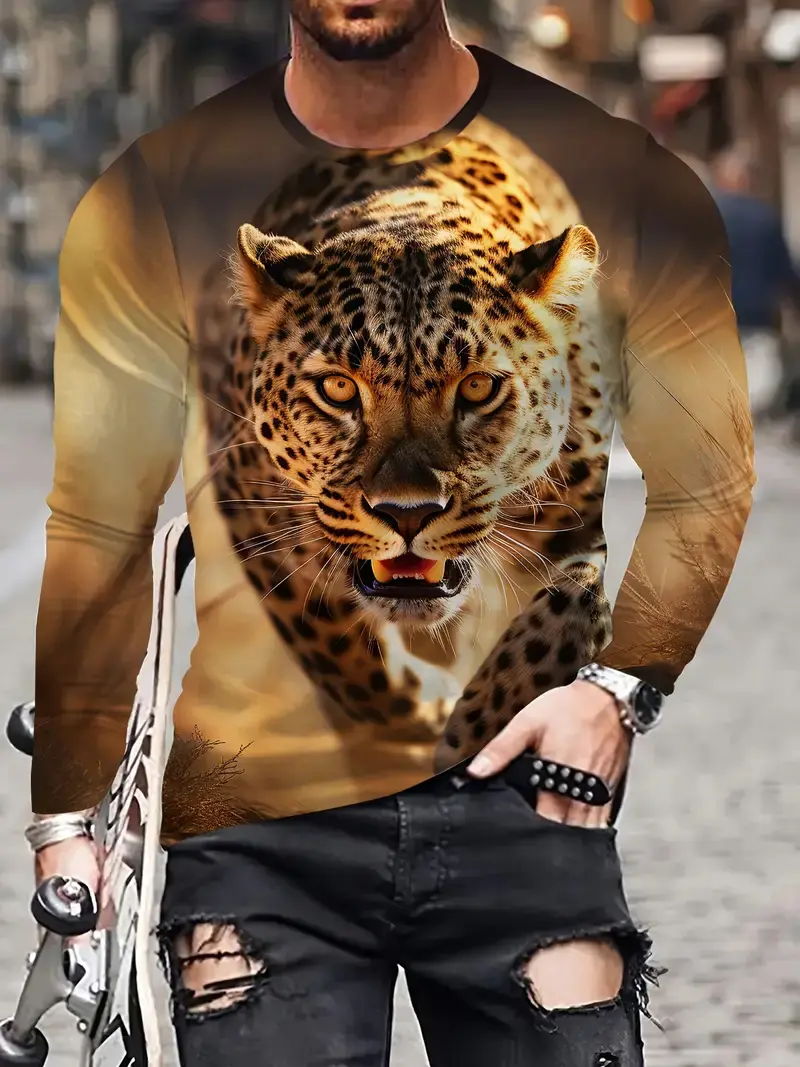 Men's Long Sleeve T-Shirt Autumn New 3d Print Animal Leopard Graphics T Shirts Spring Casual Hip Hop Tops Men Oversize Clothing
