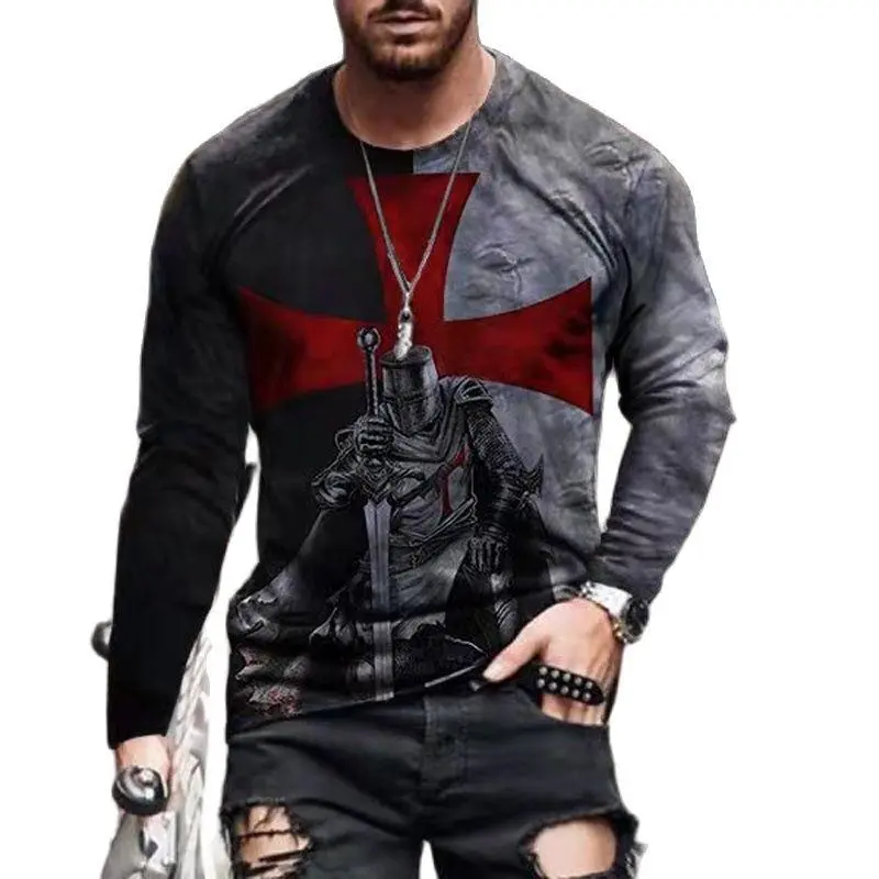 Knights Templar 3D Print T-shirt Men Vintage Long Sleeve T-Shirts Jesus Top Tee Streetwear Autumn Crewneck Oversized Men Clothes
