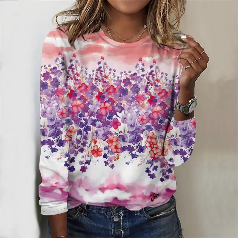 New Women's T-shirt Summer Fashion Long Sleeve Tees Tops 3D Print O-Neck Casual T Shirt For Women's Pullover Tees Loose Clothes