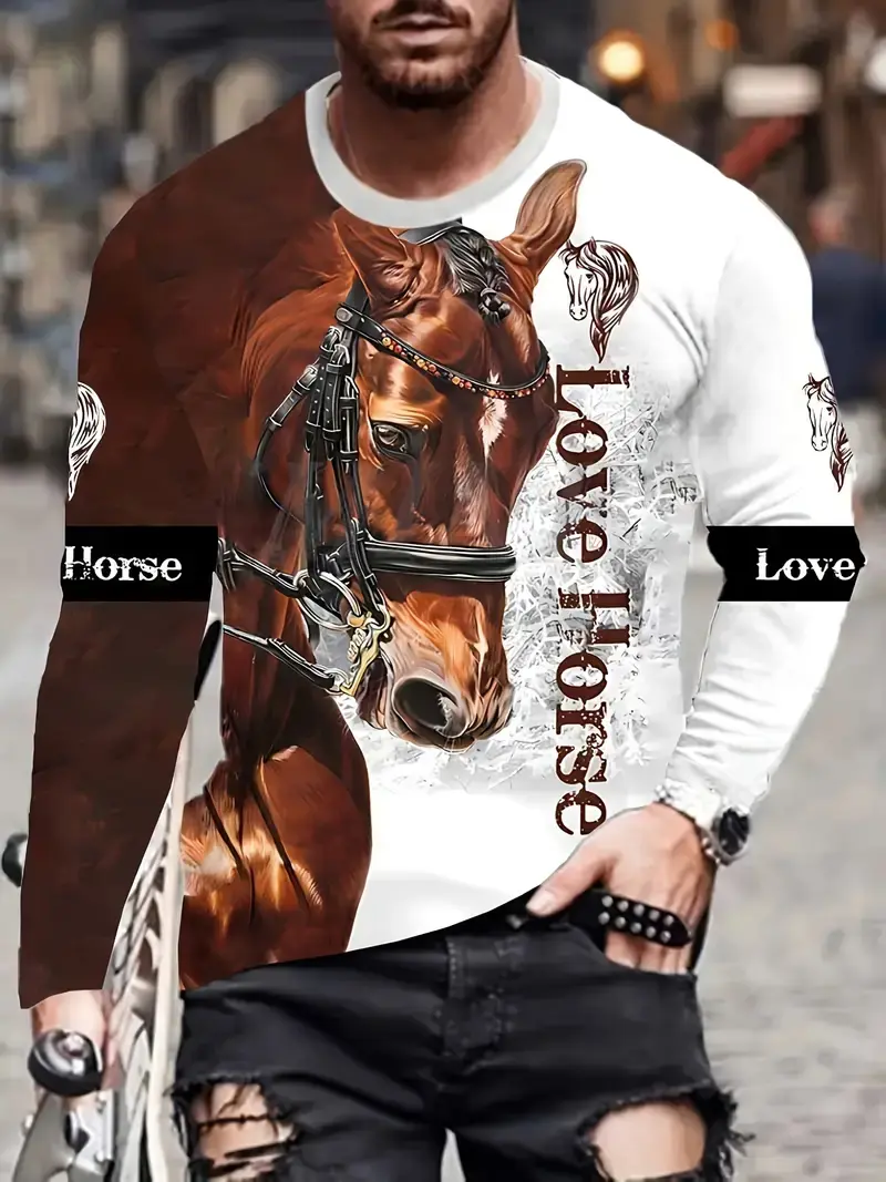 3d Printing Animal Horse Men's Long Sleeve T-Shirt Fashion Street Trend O Collar Loose Spring Autumn Clothing Casual Quality Top