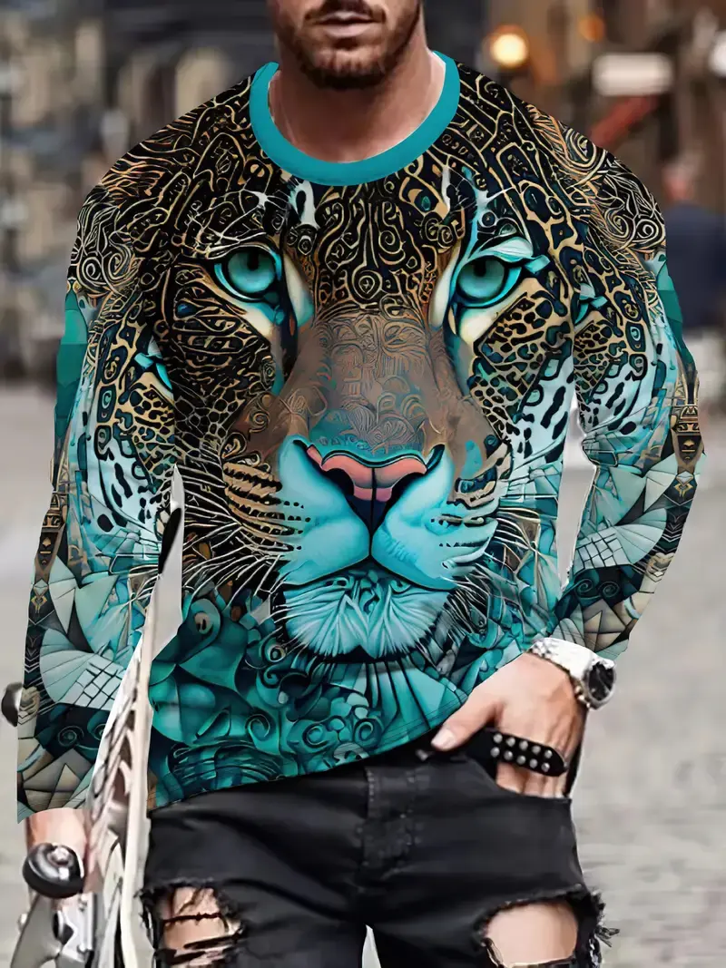 Men's Long Sleeve T-Shirt Autumn New 3d Print Animal Leopard Graphics T Shirts Spring Casual Hip Hop Tops Men Oversize Clothing