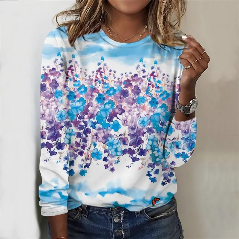 New Women's T-shirt Summer Fashion Long Sleeve Tees Tops 3D Print O-Neck Casual T Shirt For Women's Pullover Tees Loose Clothes