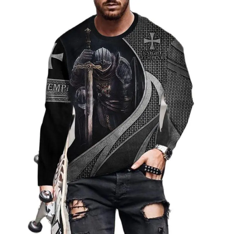 Knights Templar 3D Print T-shirt Men Vintage Long Sleeve T-Shirts Jesus Top Tee Streetwear Autumn Crewneck Oversized Men Clothes