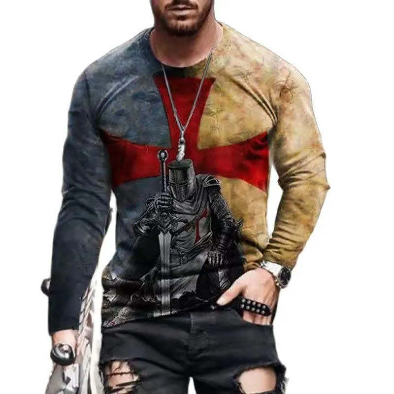 Knights Templar 3D Print T-shirt Men Vintage Long Sleeve T-Shirts Jesus Top Tee Streetwear Autumn Crewneck Oversized Men Clothes