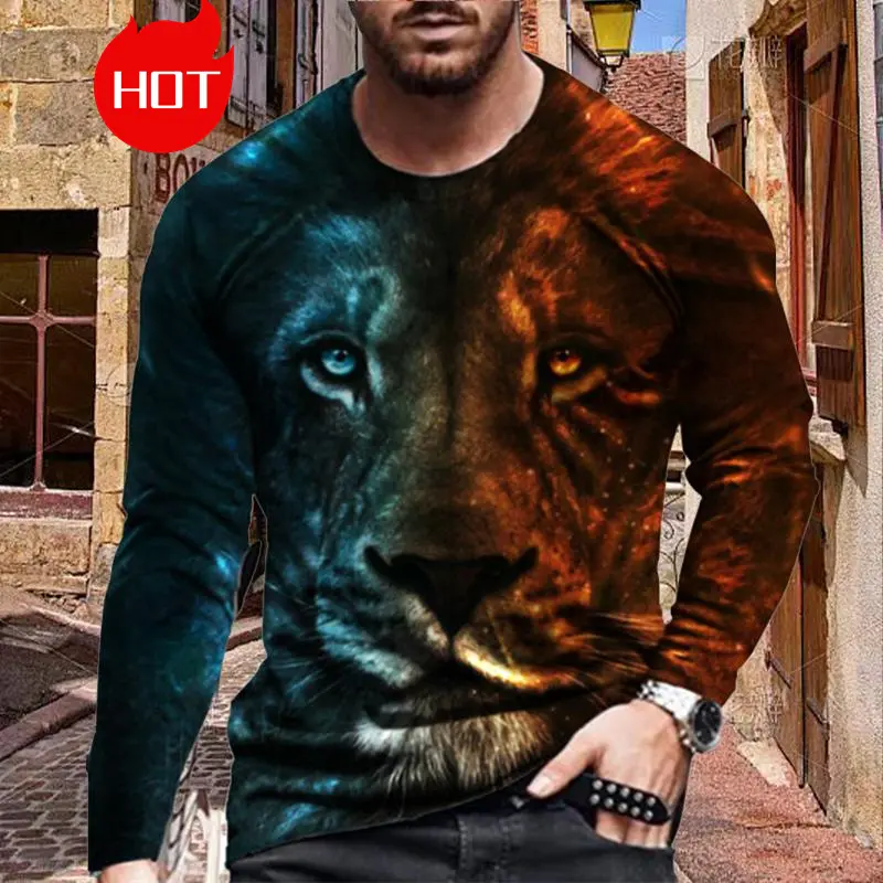 Men's Long Sleeve T-Shirt Fashionable 3D Print Lion Graphic Street Style Casual Crew Neck Top For Autumn Spring Season Clothing