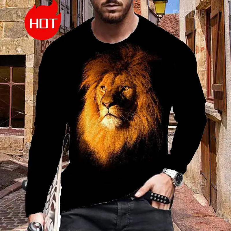 Men's Long Sleeve T-Shirt Fashionable 3D Print Lion Graphic Street Style Casual Crew Neck Top For Autumn Spring Season Clothing