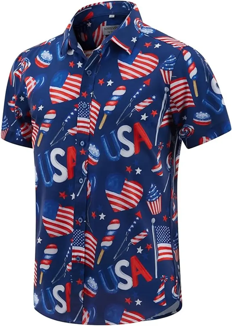Vintage USA Flag 3D Graphic Shirts Mens Personality American Flags Print Button Short Sleeve Daily Party Hawaii Beach Shirt