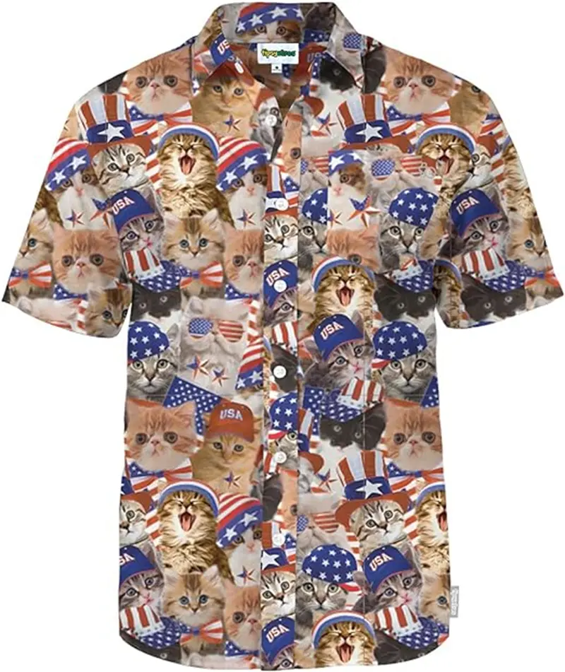 Vintage USA Flag 3D Graphic Shirts Mens Personality American Flags Print Button Short Sleeve Daily Party Hawaii Beach Shirt