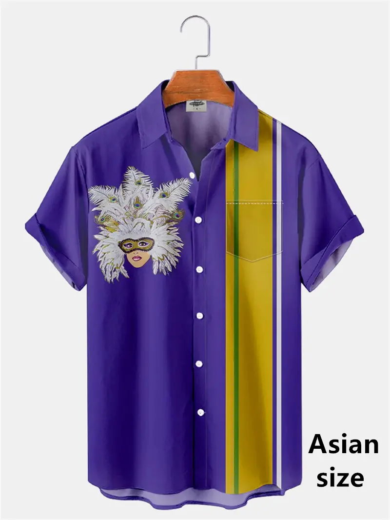 Mardi Gras Men's Hawaiian Shirt 3D Print Mask Graphic Short Sleeves New Casual Outdoor Vacation Streetwear Spring Button Shirts