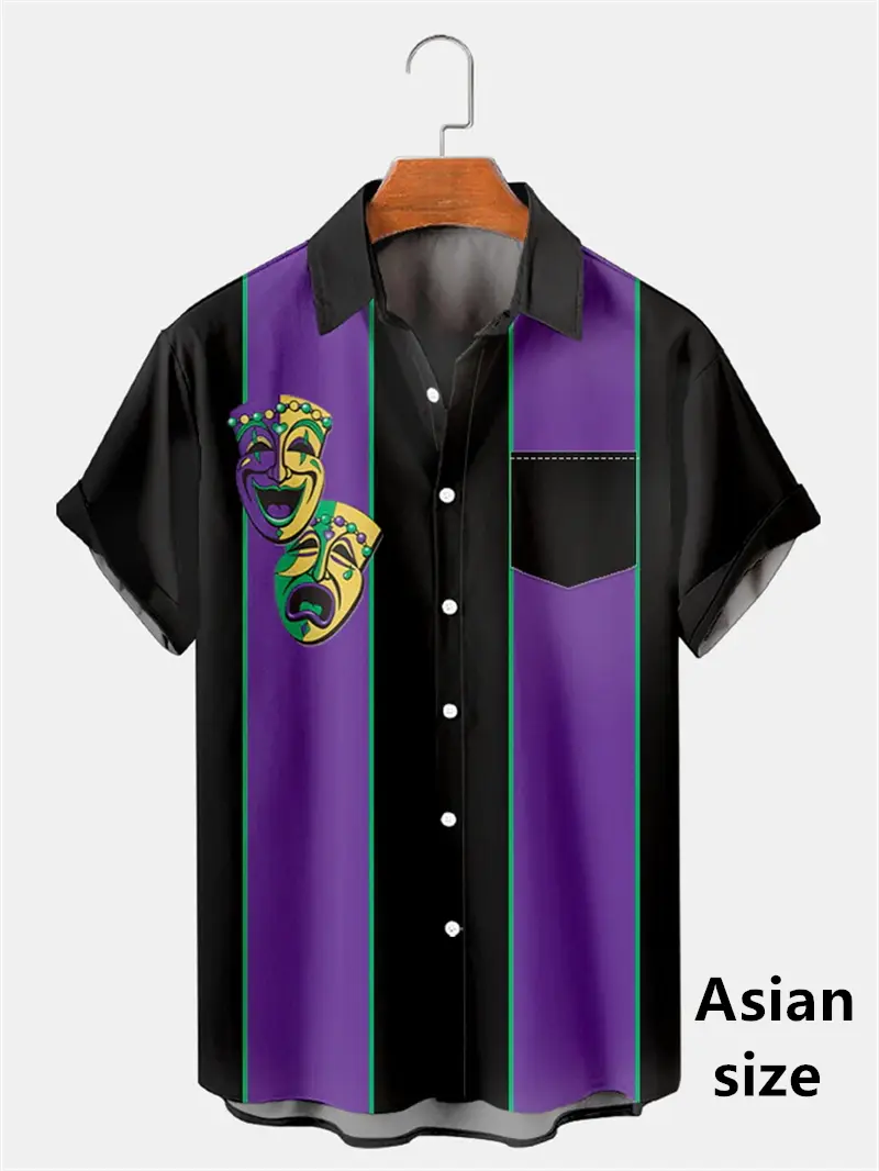 Mardi Gras Men's Hawaiian Shirt 3D Print Mask Graphic Short Sleeves New Casual Outdoor Vacation Streetwear Spring Button Shirts