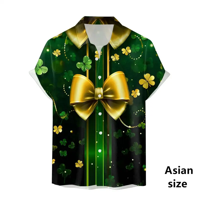 2025 St. Patrick's Day Men Hawaiian Shirts 3D Printing Green Lucky Clover Short Sleeved Shirt Party Unisex Button Lapel Shirts