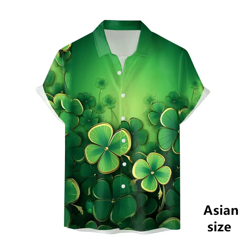 2025 St. Patrick's Day Men Hawaiian Shirts 3D Printing Green Lucky Clover Short Sleeved Shirt Party Unisex Button Lapel Shirts
