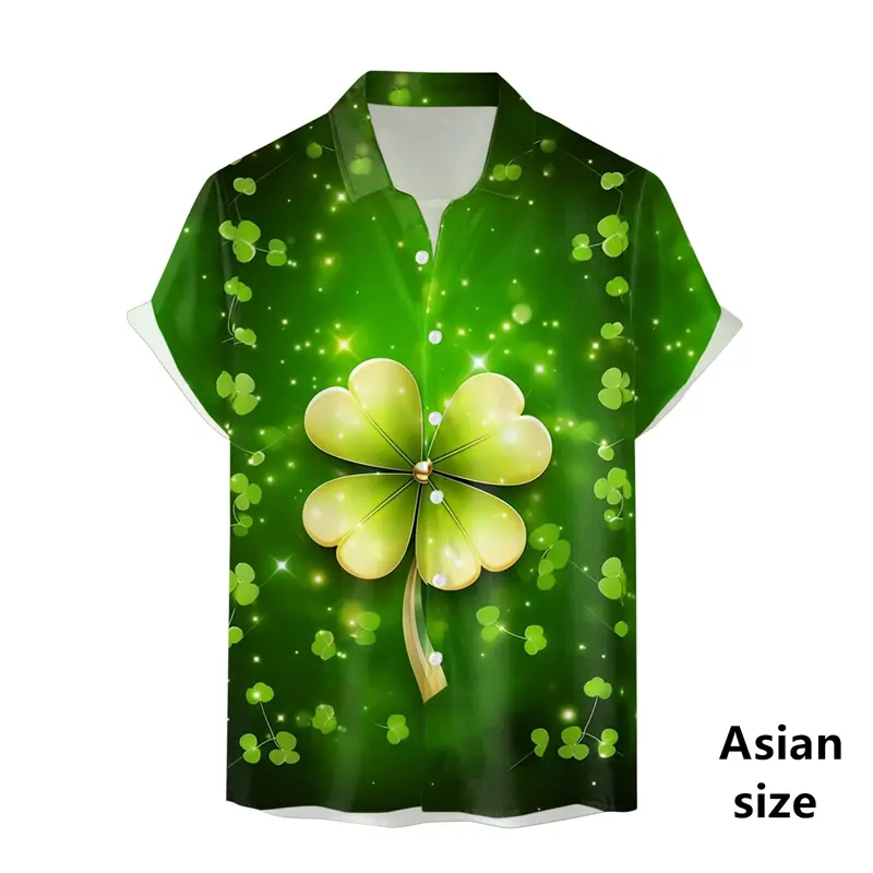 2025 St. Patrick's Day Men Hawaiian Shirts 3D Printing Green Lucky Clover Short Sleeved Shirt Party Unisex Button Lapel Shirts