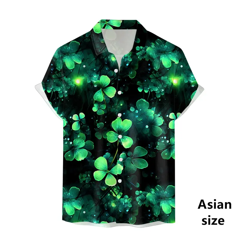 2025 St. Patrick's Day Men Hawaiian Shirts 3D Printing Green Lucky Clover Short Sleeved Shirt Party Unisex Button Lapel Shirts