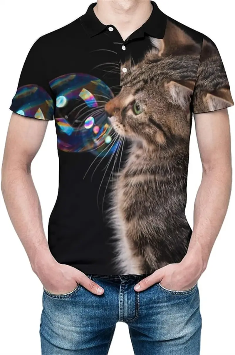 Cute Cat Pattern Polo Shirt For Men Women Animal 3D Printed Shirts Summer Streetwear Button Lapel Tops Loose Short Sleeves Tees