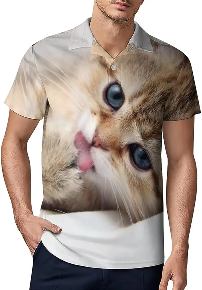 Cute Cat Pattern Polo Shirt For Men Women Animal 3D Printed Shirts Summer Streetwear Button Lapel Tops Loose Short Sleeves Tees