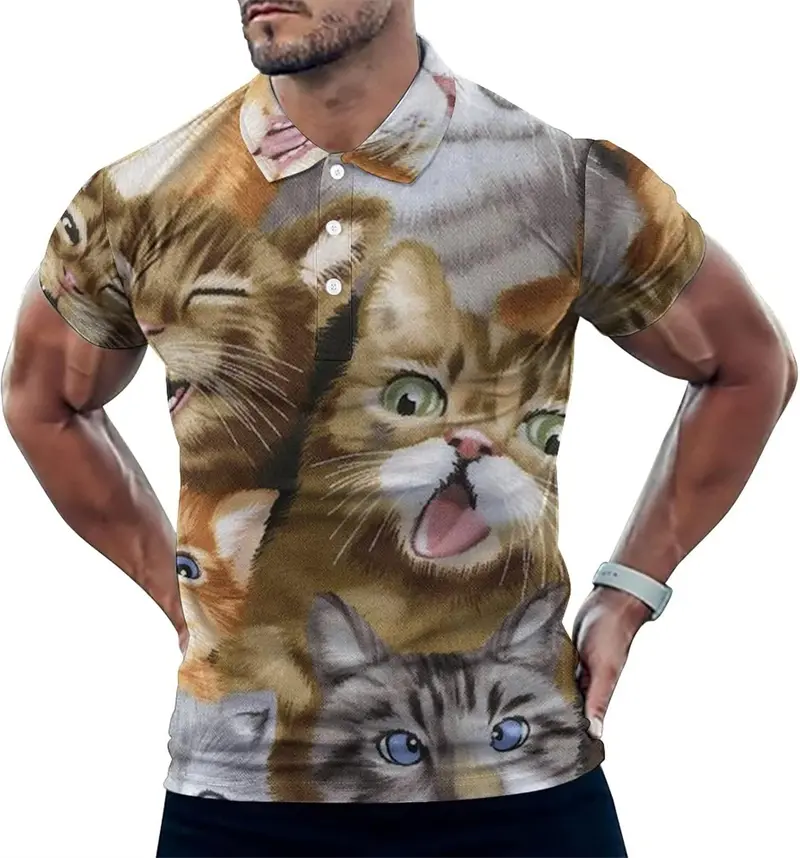 Cute Cat Pattern Polo Shirt For Men Women Animal 3D Printed Shirts Summer Streetwear Button Lapel Tops Loose Short Sleeves Tees