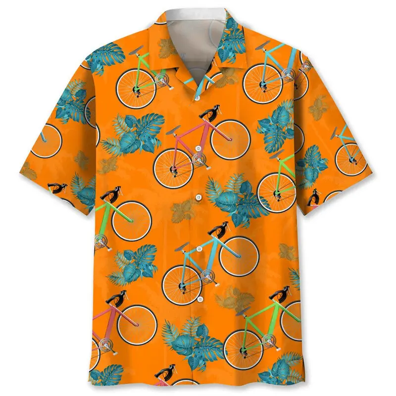3D Printed Bicycle Retro Shirt Men Fashion Clothes Mens Short Sleeve Button Shirts Funny Hawaiian Vacation Beach Blouse Tops