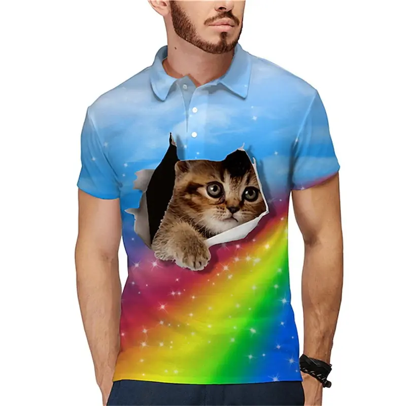 Cute Cat Pattern Polo Shirt For Men Women Animal 3D Printed Shirts Summer Streetwear Button Lapel Tops Loose Short Sleeves Tees