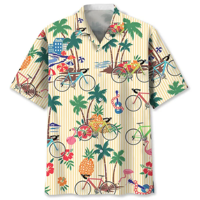 3D Printed Bicycle Retro Shirt Men Fashion Clothes Mens Short Sleeve Button Shirts Funny Hawaiian Vacation Beach Blouse Tops