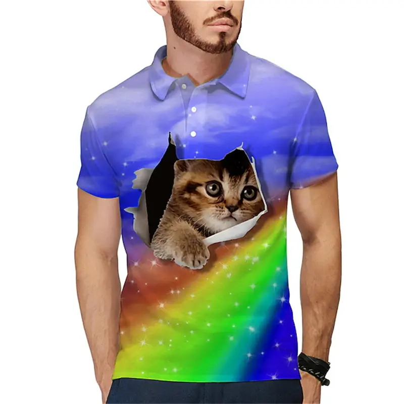 Cute Cat Pattern Polo Shirt For Men Women Animal 3D Printed Shirts Summer Streetwear Button Lapel Tops Loose Short Sleeves Tees