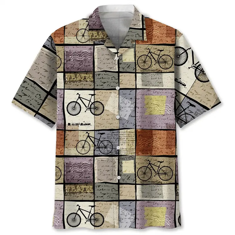 3D Printed Bicycle Retro Shirt Men Fashion Clothes Mens Short Sleeve Button Shirts Funny Hawaiian Vacation Beach Blouse Tops
