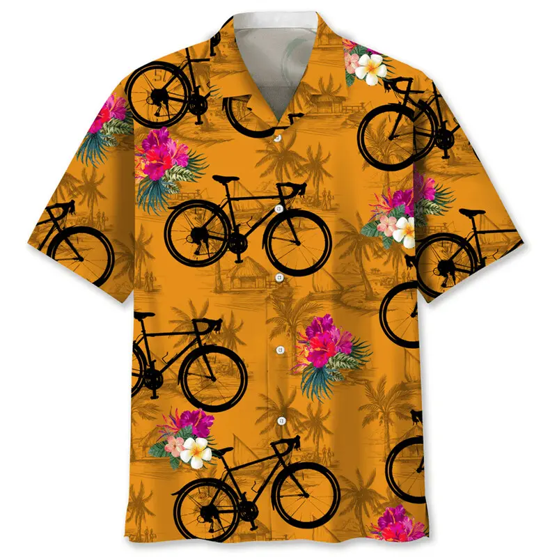 3D Printed Bicycle Retro Shirt Men Fashion Clothes Mens Short Sleeve Button Shirts Funny Hawaiian Vacation Beach Blouse Tops