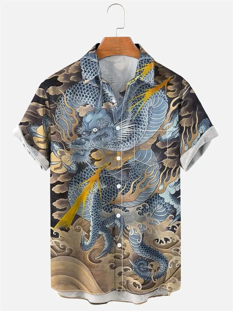 Men's Retro Pattern 3D Printed Blouse Mens Hawaii Beach Shirt Women Summer Hawaiian Casual Short Sleeved Dragon Graphic Tees